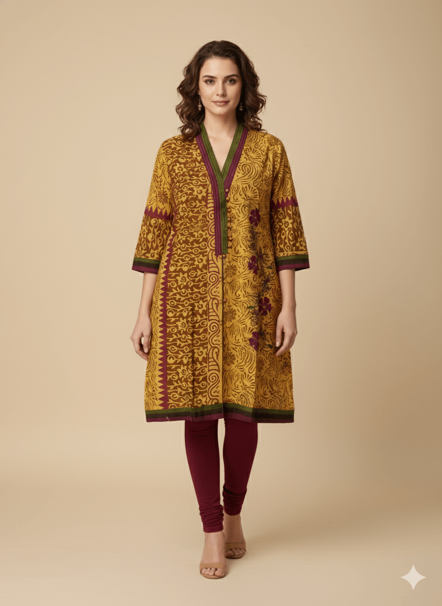 Yellow_Hand-block_veg_dye_kurti_(100%_Pure_cotton)